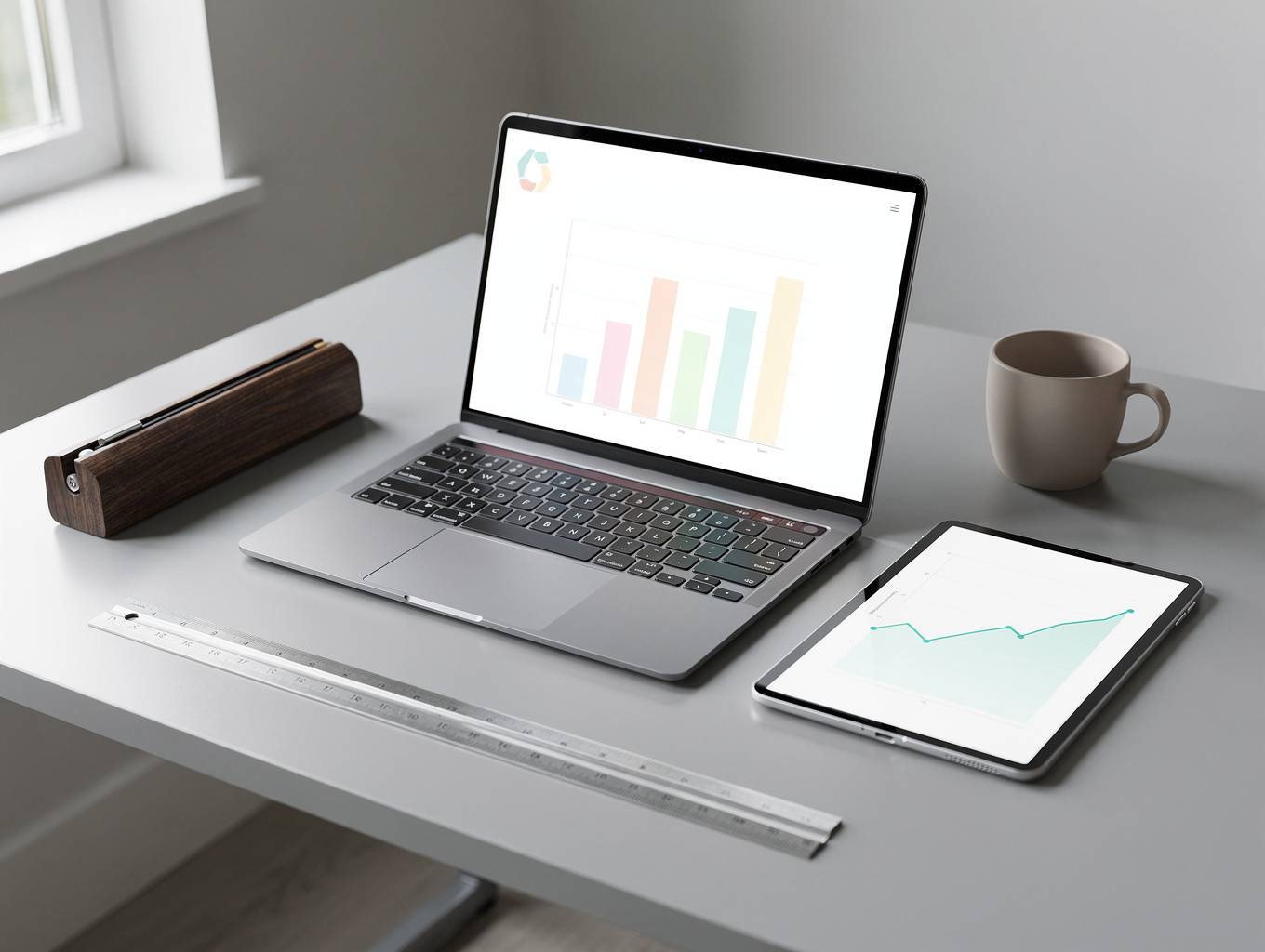 Clean academic workspace with financial charts
